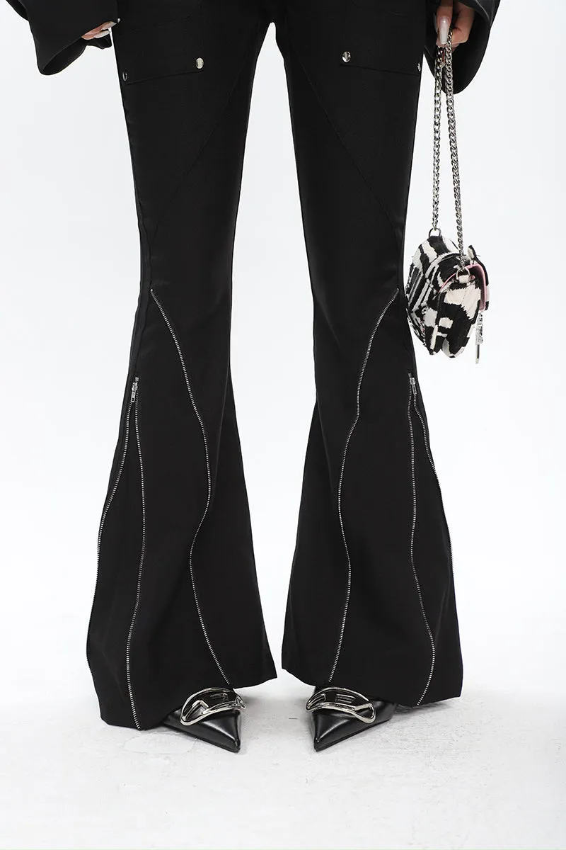 Eline Solid Color Black Metal Multi-Zipper Slim Flared High Waist Pants