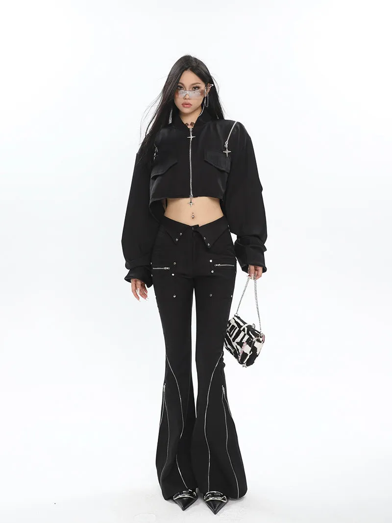 Eline Solid Color Black Metal Multi-Zipper Slim Flared High Waist Pants