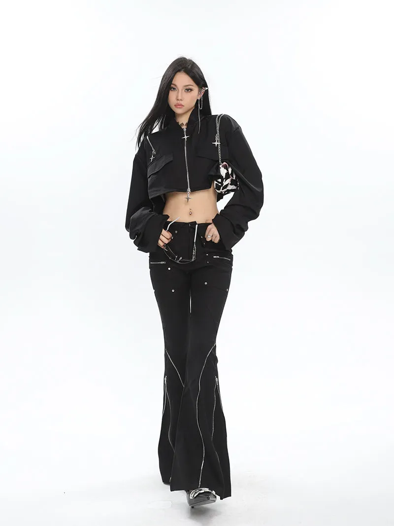 Eline Solid Color Black Metal Multi-Zipper Slim Flared High Waist Pants