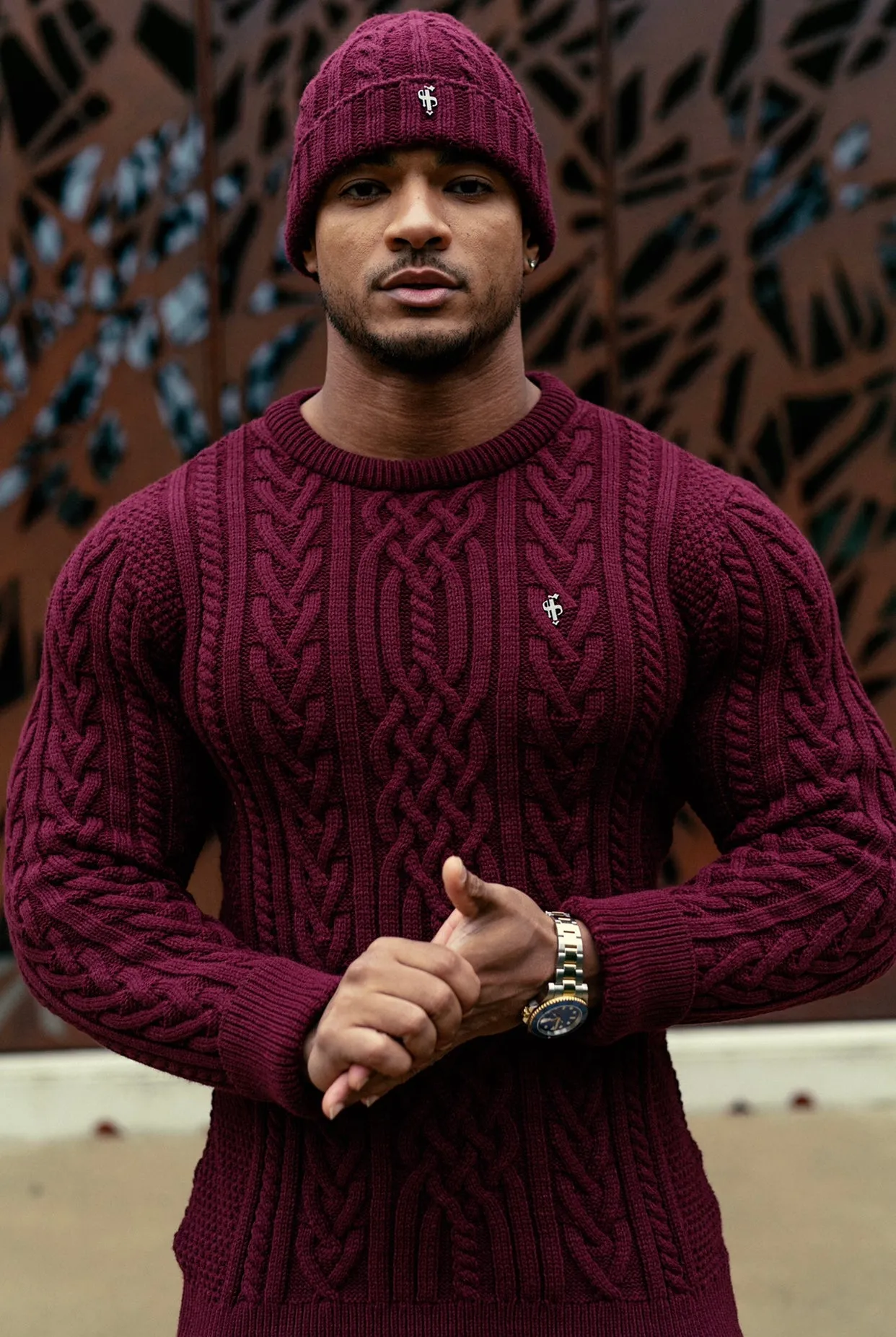 Father Sons Burgundy Twisted Braid Weave Super Slim Sweater With Gunmetal Decal - FSJ043