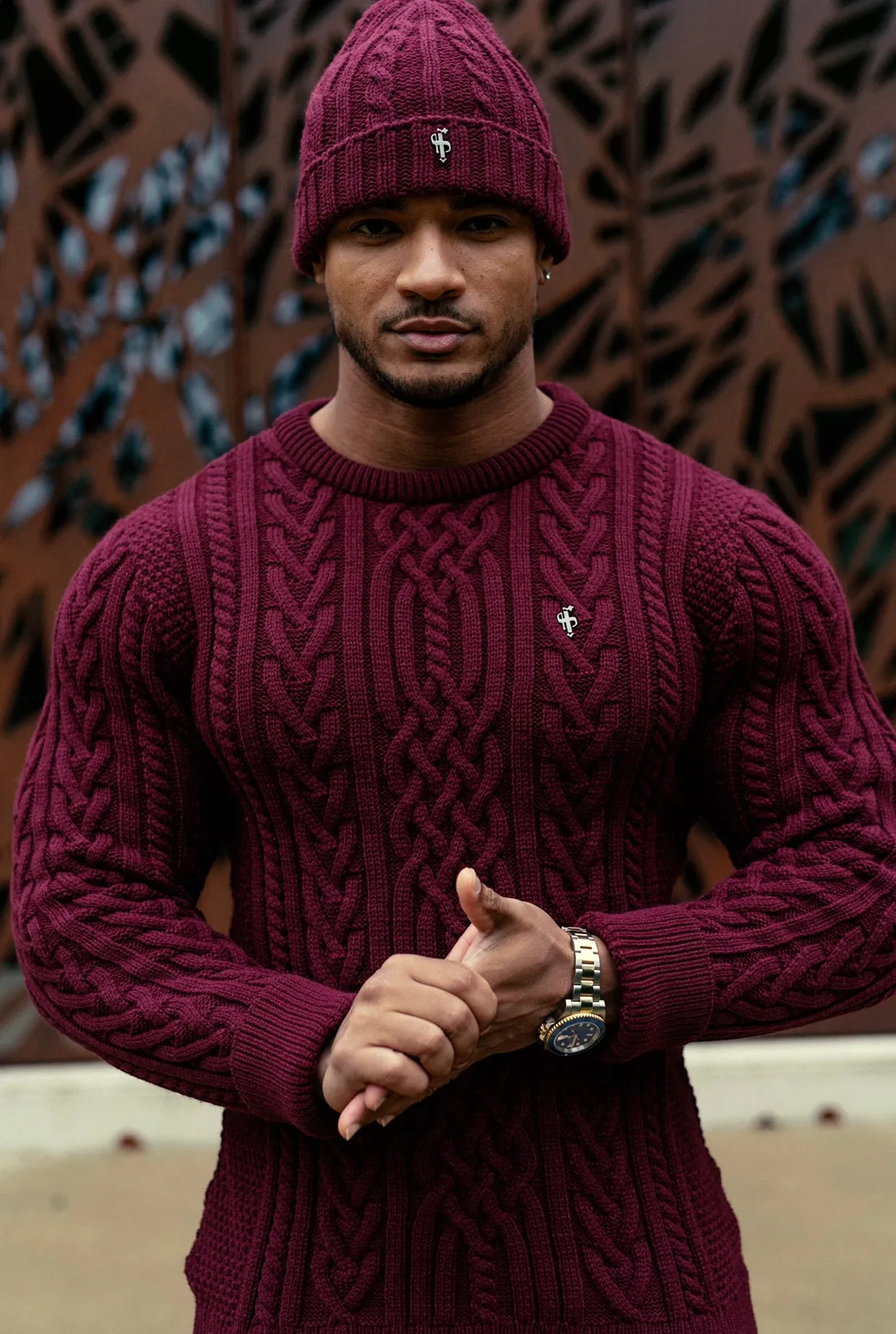 Father Sons Burgundy Twisted Braid Weave Super Slim Sweater With Gunmetal Decal - FSJ043