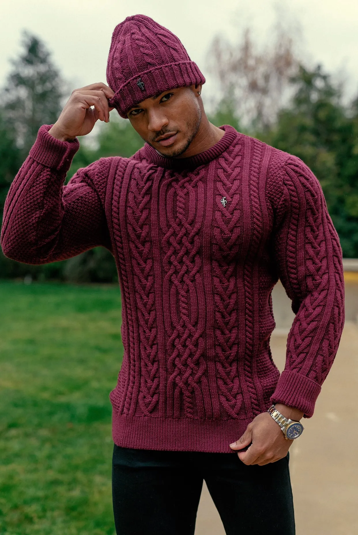 Father Sons Burgundy Twisted Braid Weave Super Slim Sweater With Gunmetal Decal - FSJ043