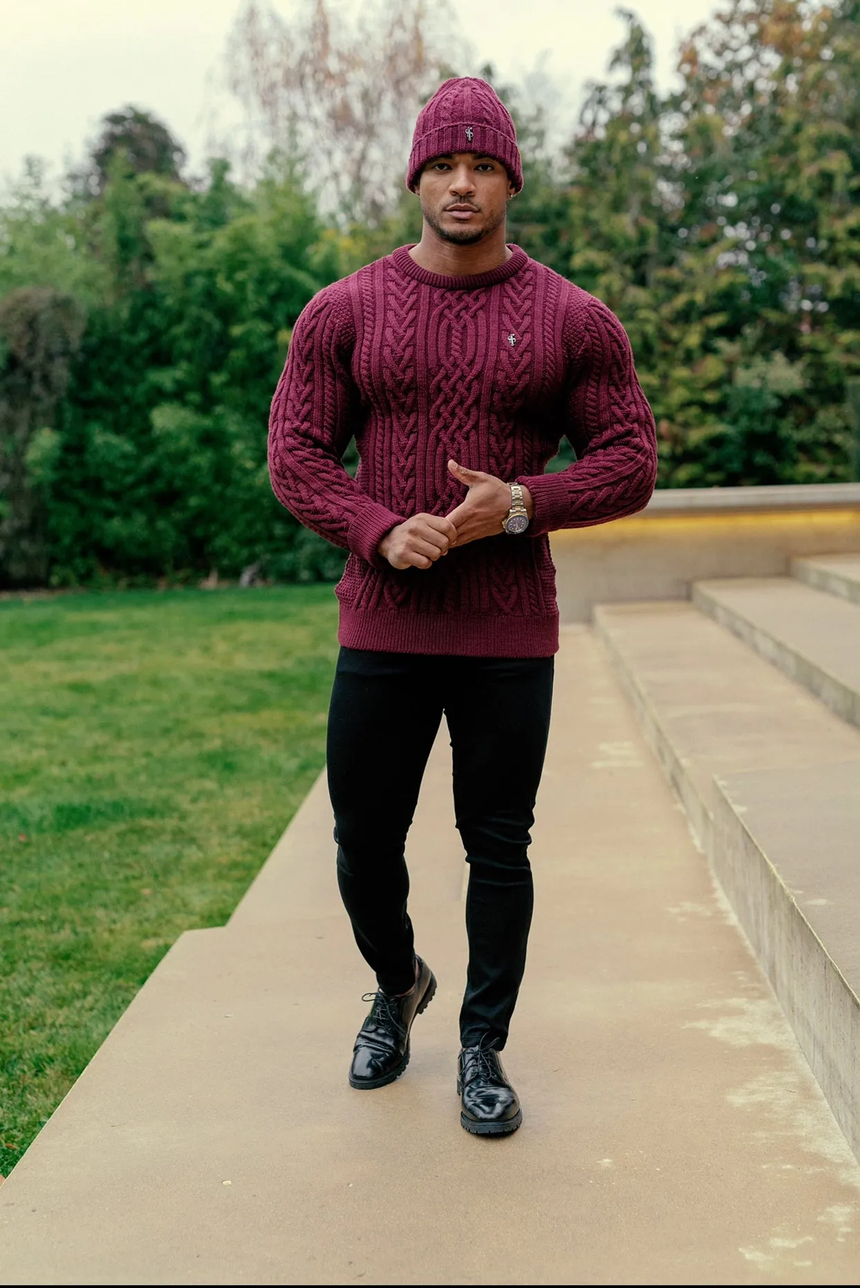 Father Sons Burgundy Twisted Braid Weave Super Slim Sweater With Gunmetal Decal - FSJ043