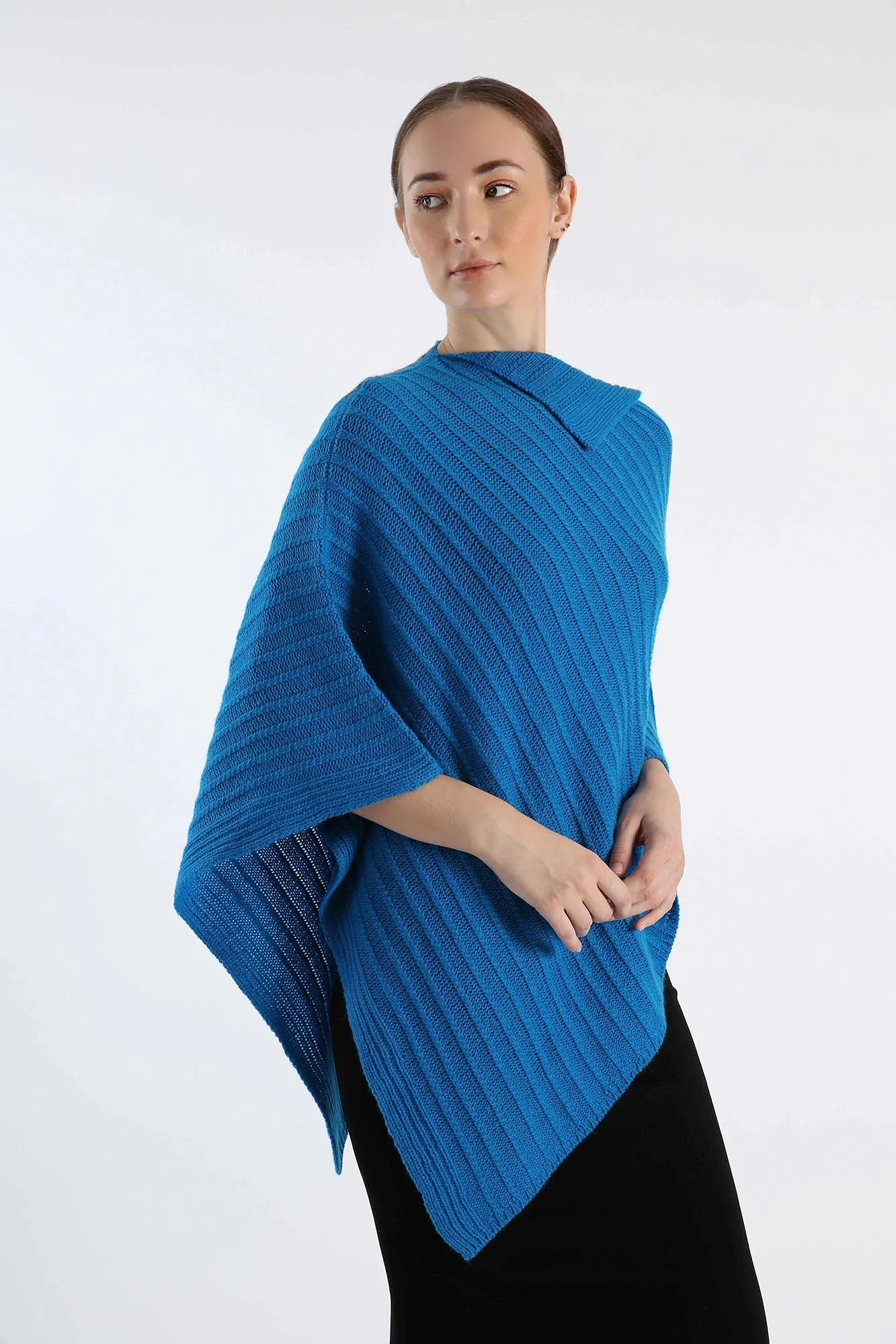 Hand-Knitted Pure Blue Cashmere Poncho