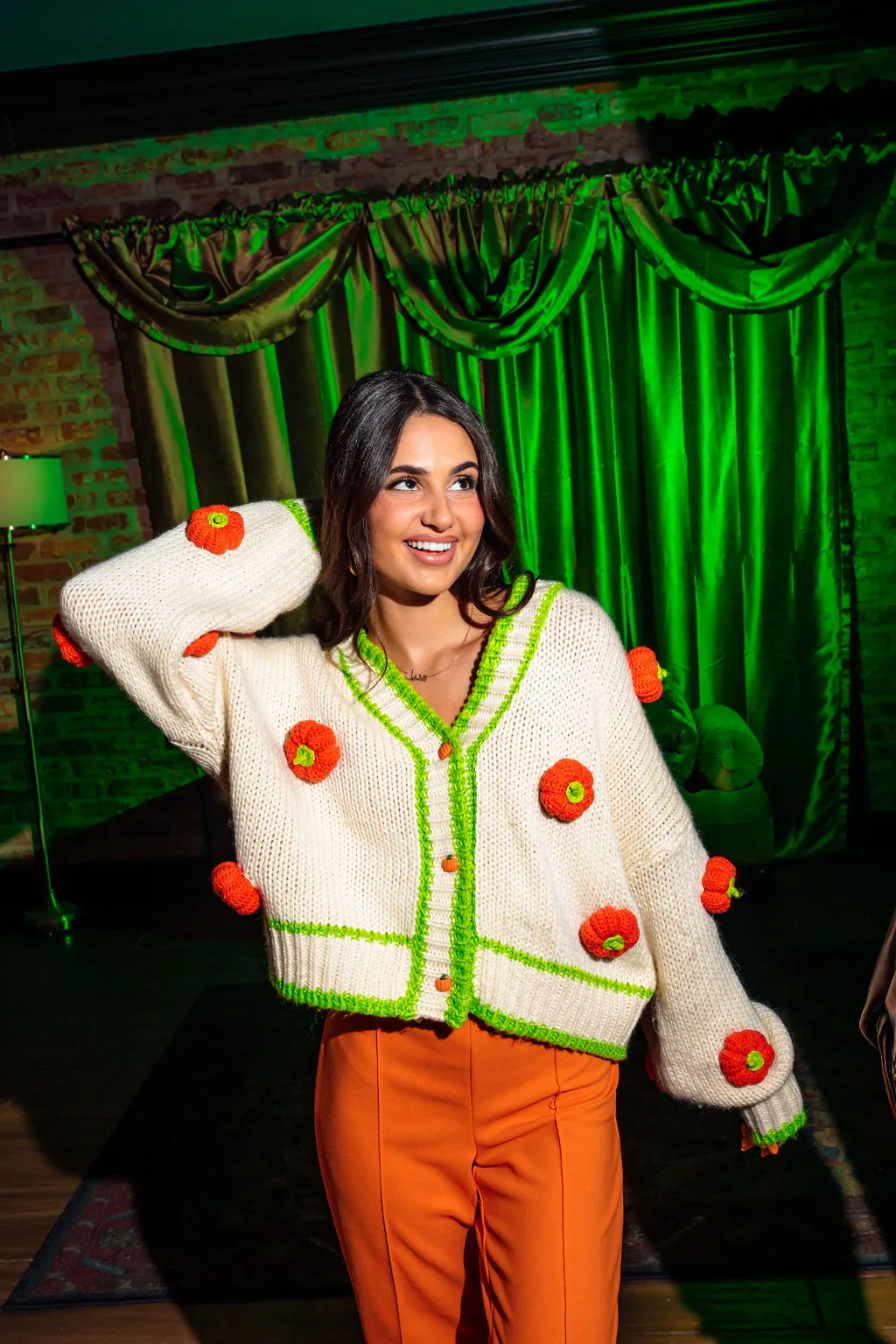 Ivory & Green Knitted Pumpkin Cardigan