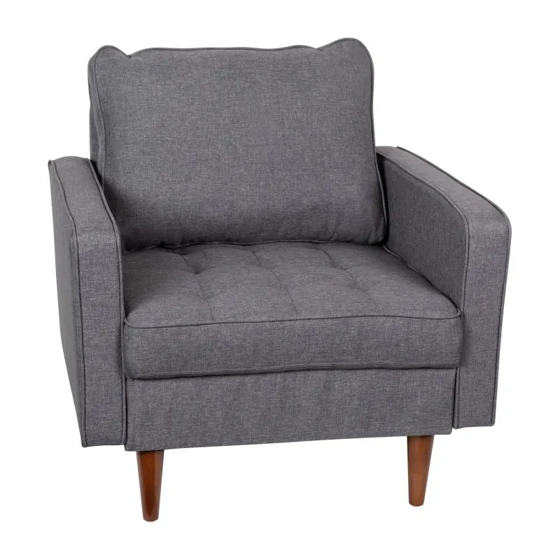 Luigi Mid-Century Modern Armchair with Tufted Faux Linen Upholstery Wood Leg