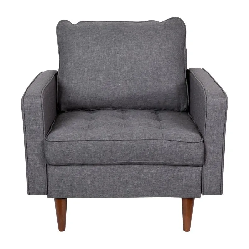 Luigi Mid-Century Modern Armchair with Tufted Faux Linen Upholstery Wood Leg