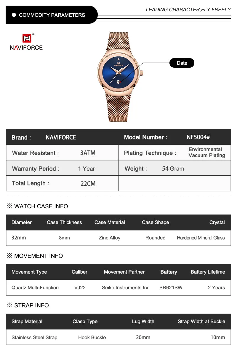 NAVIFORCE Watch Women Fashion Simple Quartz Watches Lady Stainless Steel Waterproof Wristwatch NF5004