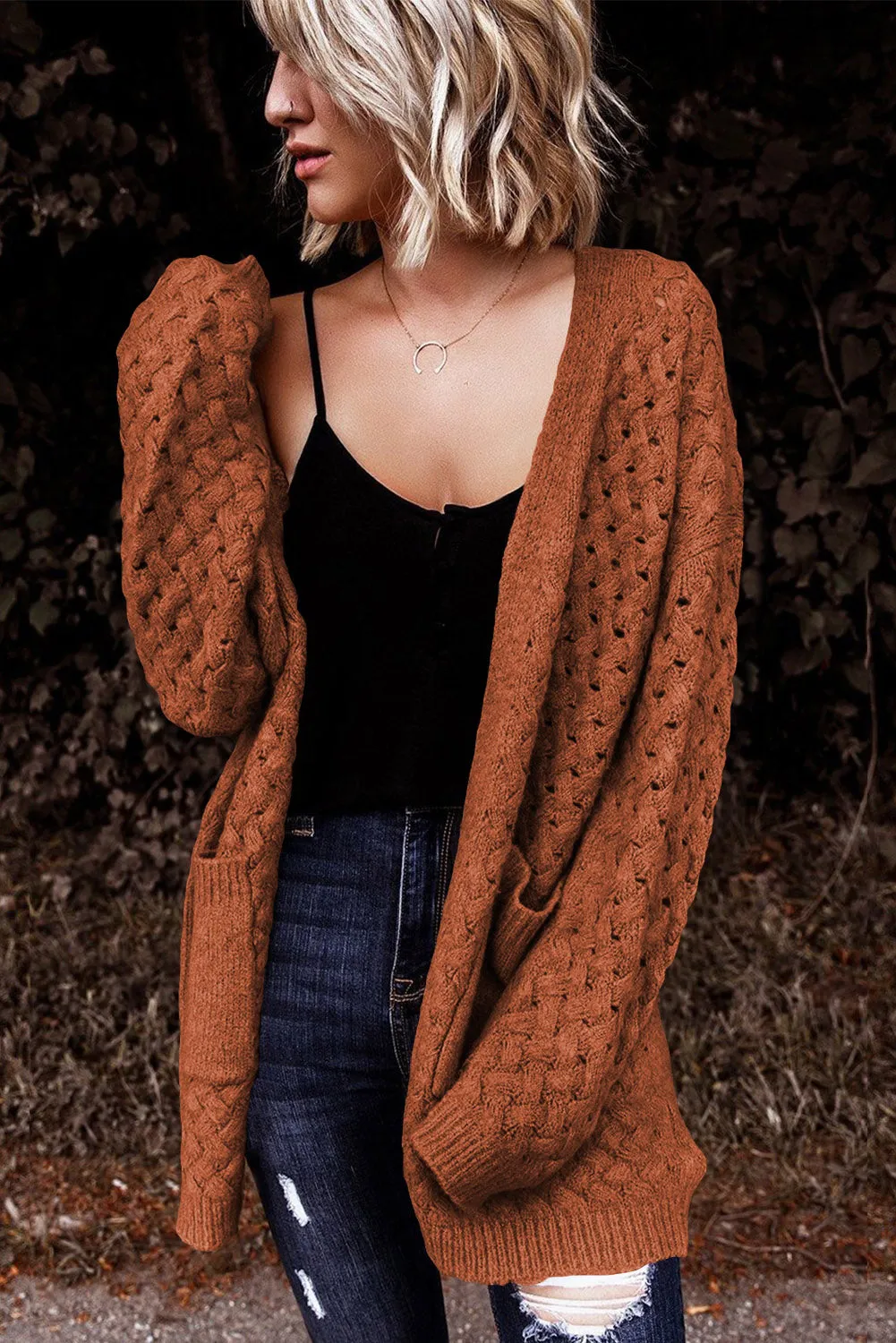 Open Front Woven Texture Knitted Cardigan with Pockets