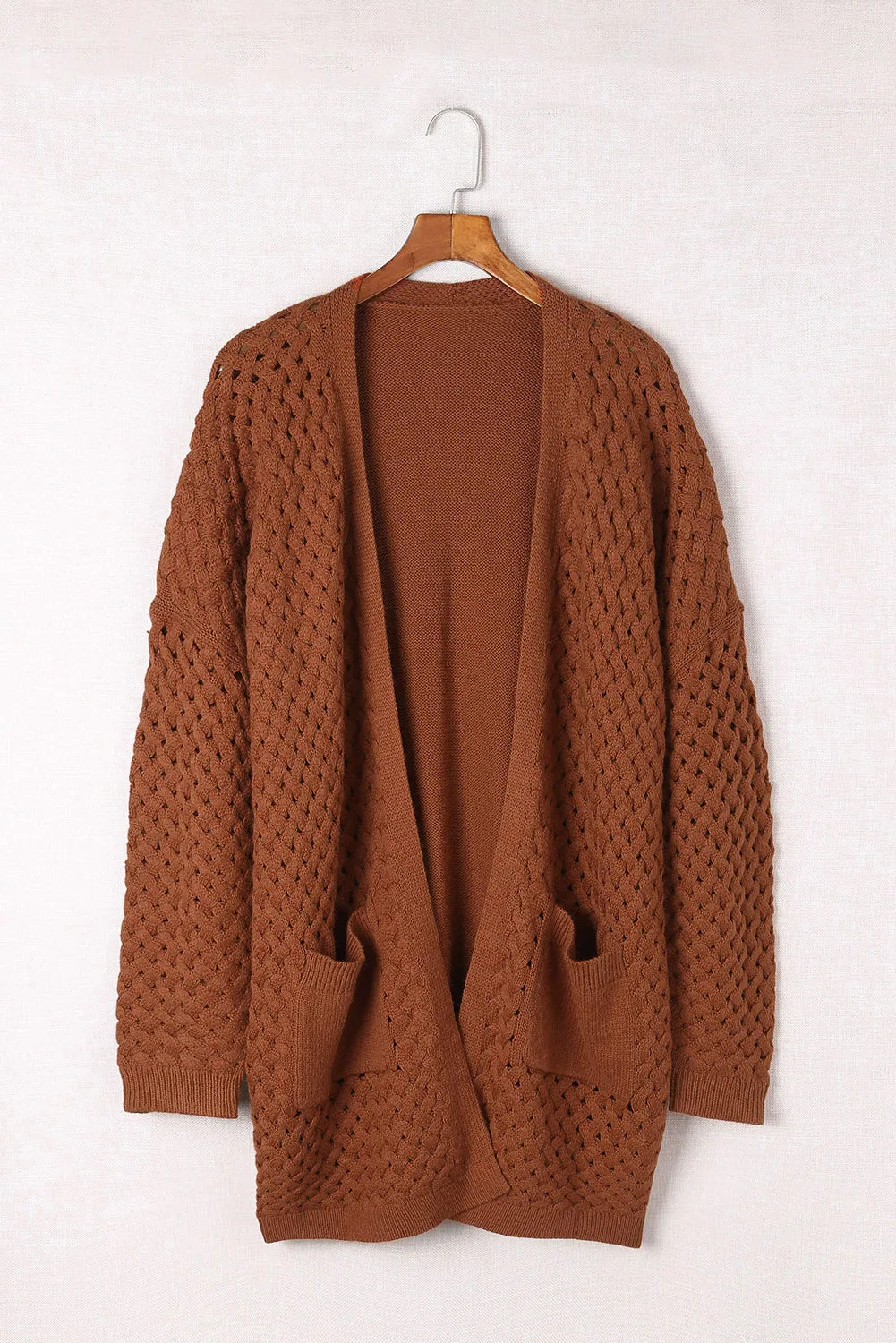 Open Front Woven Texture Knitted Cardigan with Pockets