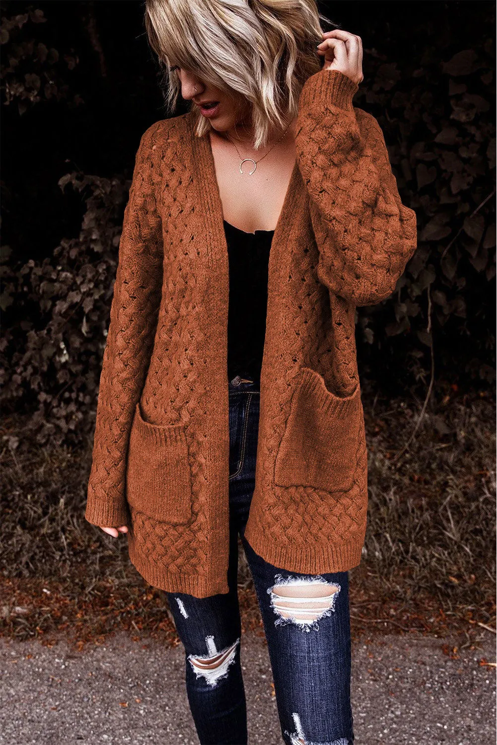 Open Front Woven Texture Knitted Cardigan with Pockets