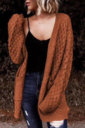 Open Front Woven Texture Knitted Cardigan with Pockets