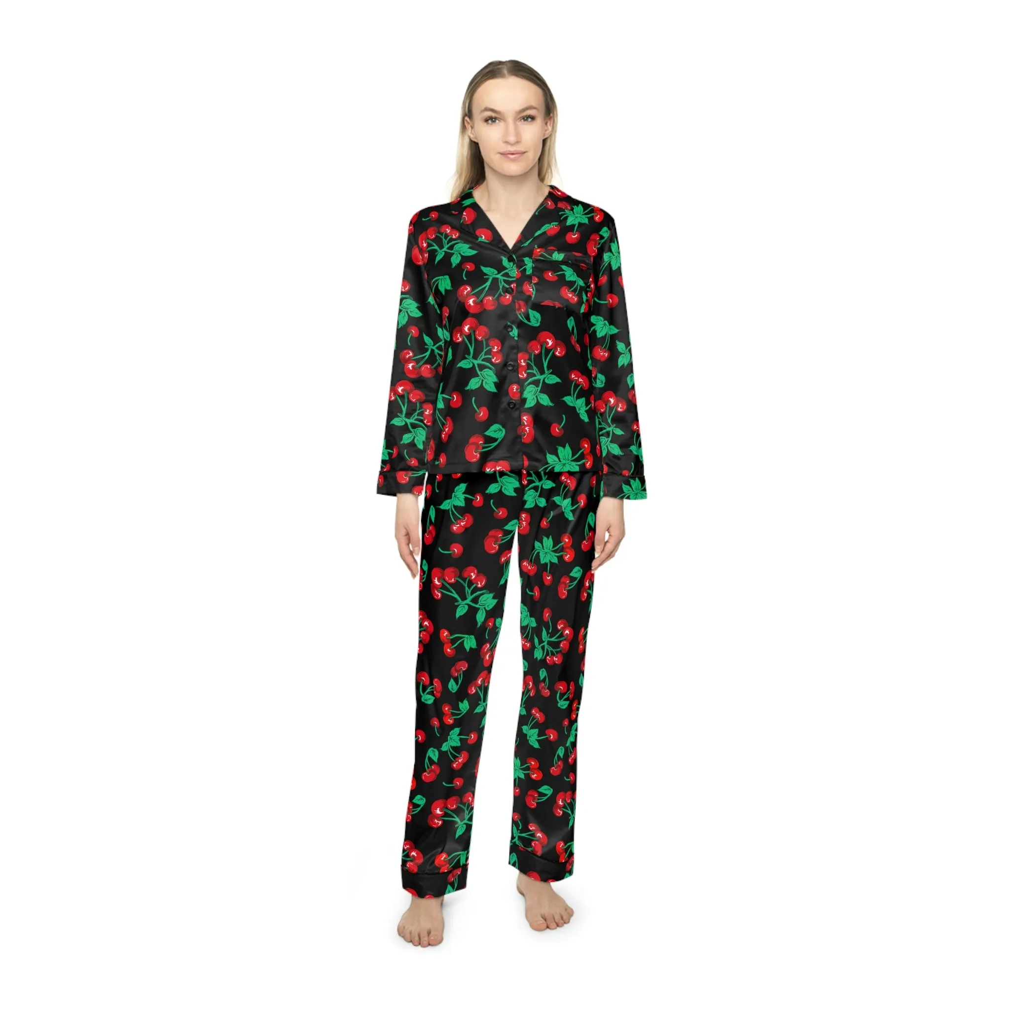 Pajama Game in Black Cherry Girl Satin 2 Piece Button Up PJ Set | Pinup Couture Relaxed