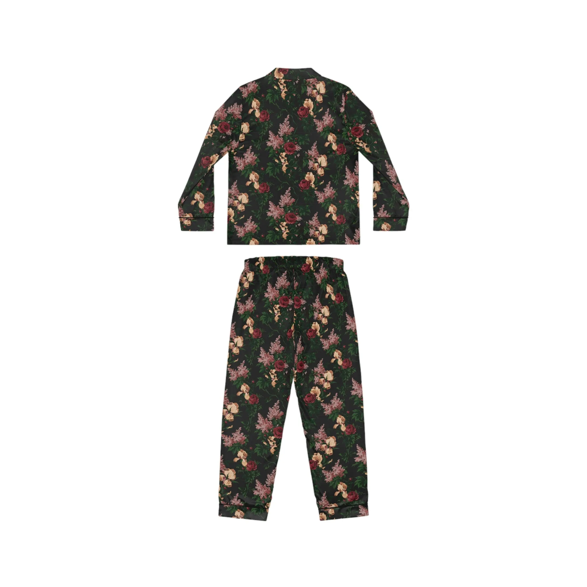 Pajama Game in Dark Bella Roses Satin 2 Piece Button Up PJ Set | Pinup Couture Relaxed