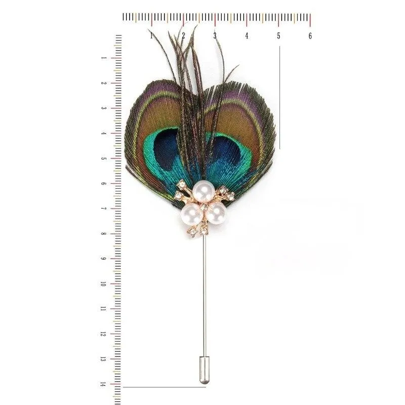 Peacock Feather With Pearls Lapel Pin