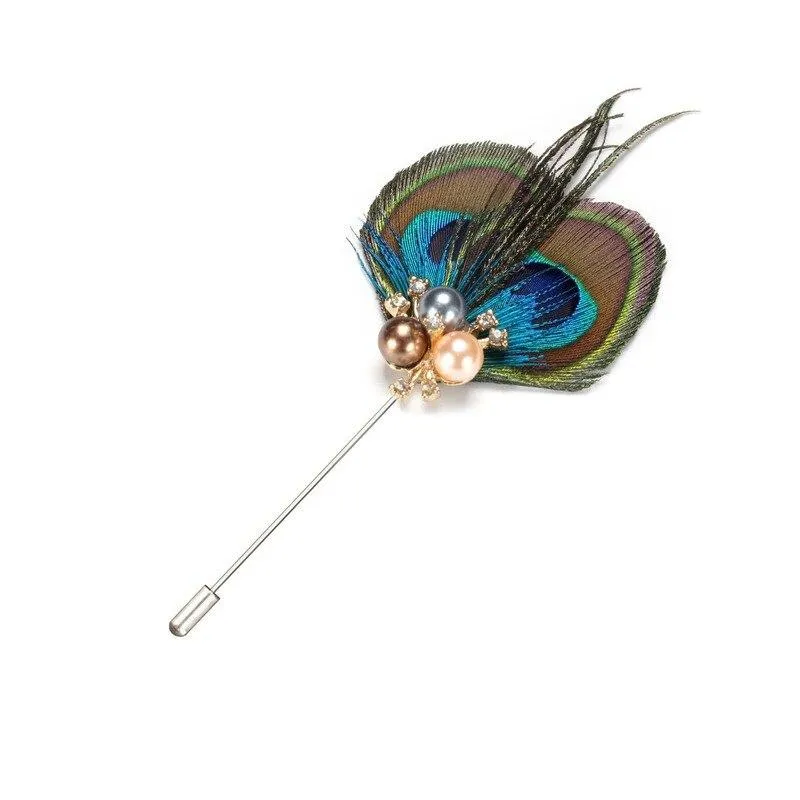 Peacock Feather With Pearls Lapel Pin