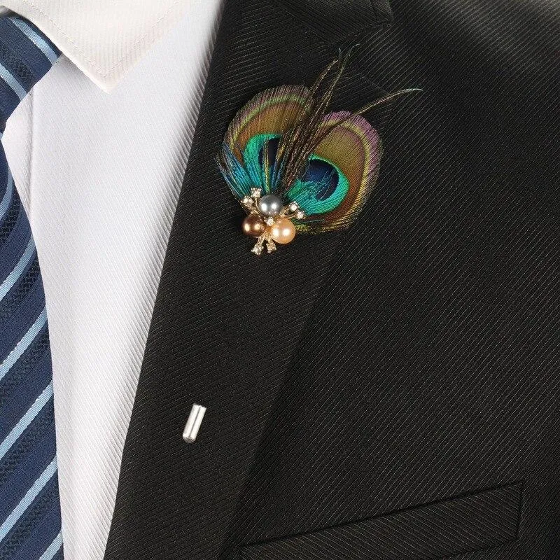 Peacock Feather With Pearls Lapel Pin