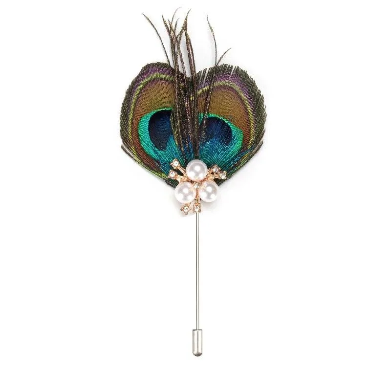 Peacock Feather With Pearls Lapel Pin