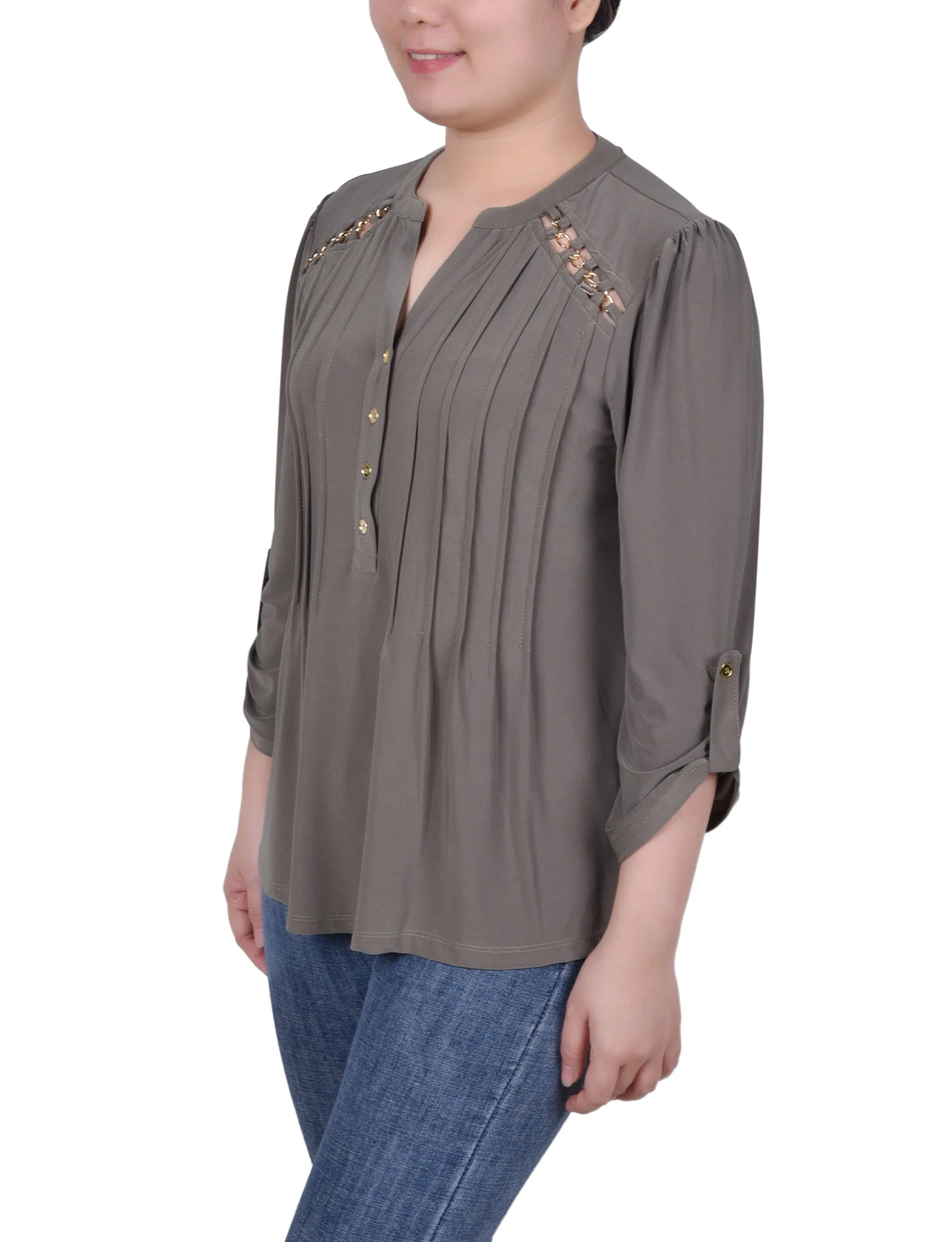 Petite Long Sleeve Pintuck Front Top With Chain Details