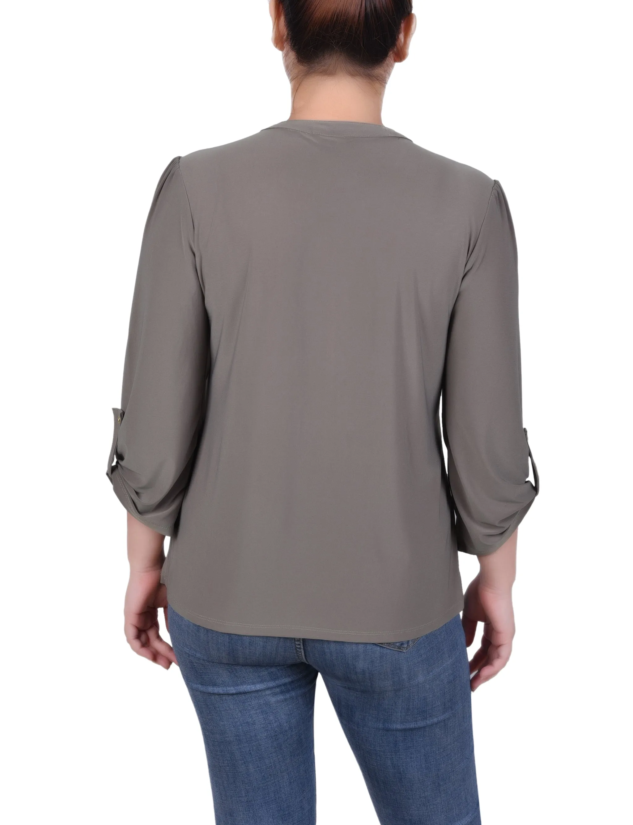 Petite Long Sleeve Pintuck Front Top With Chain Details