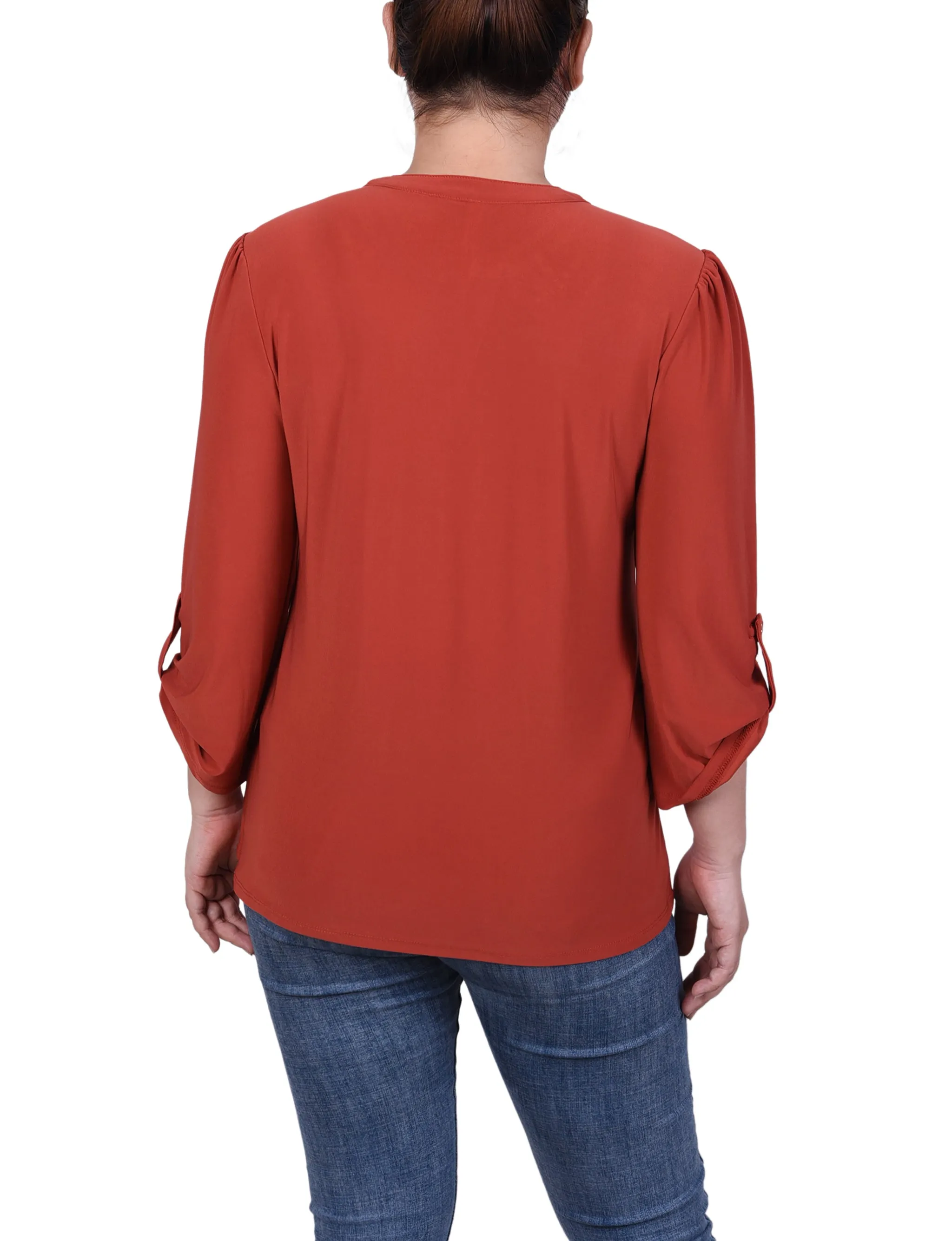 Petite Long Sleeve Pintuck Front Top With Chain Details