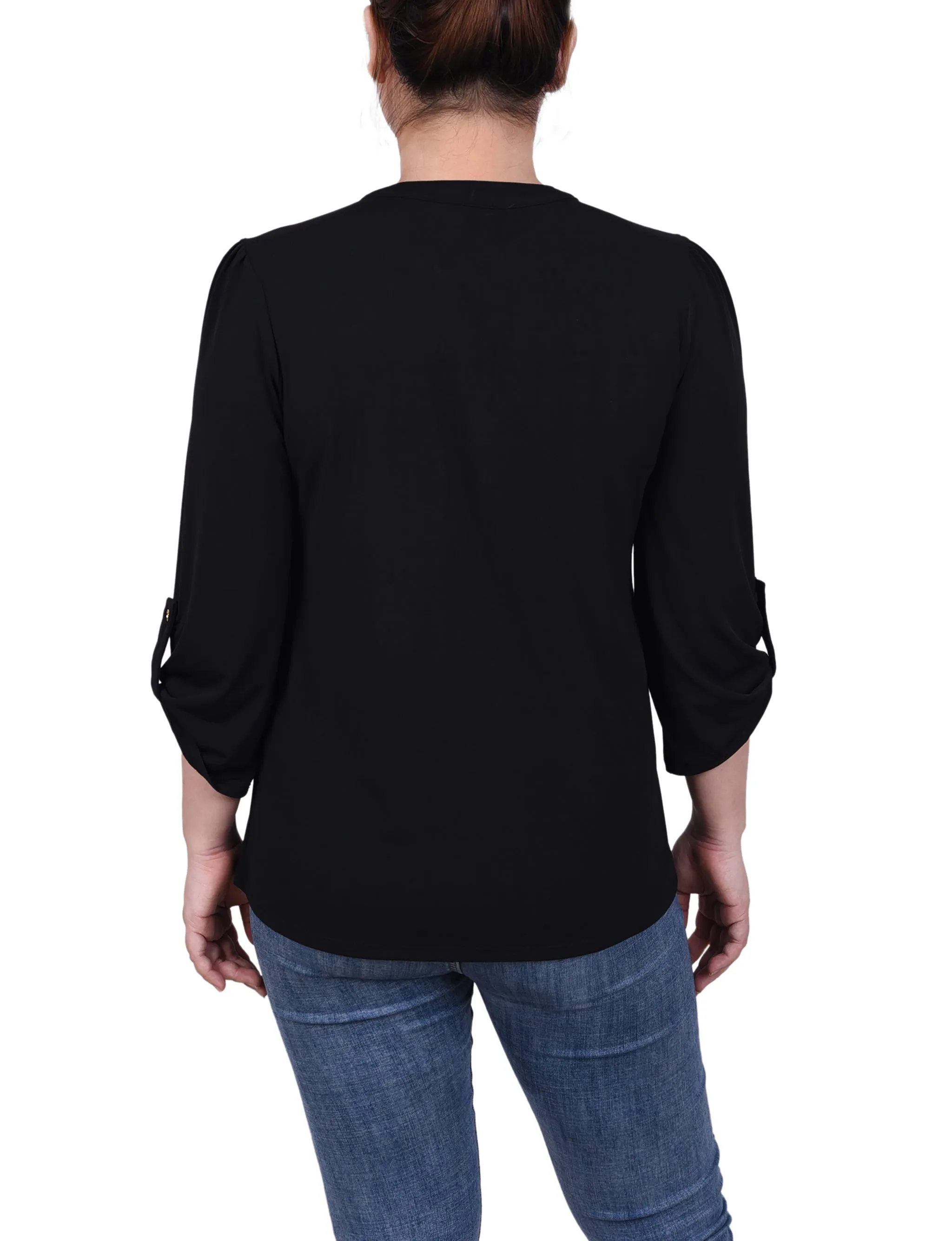 Petite Long Sleeve Pintuck Front Top With Chain Details