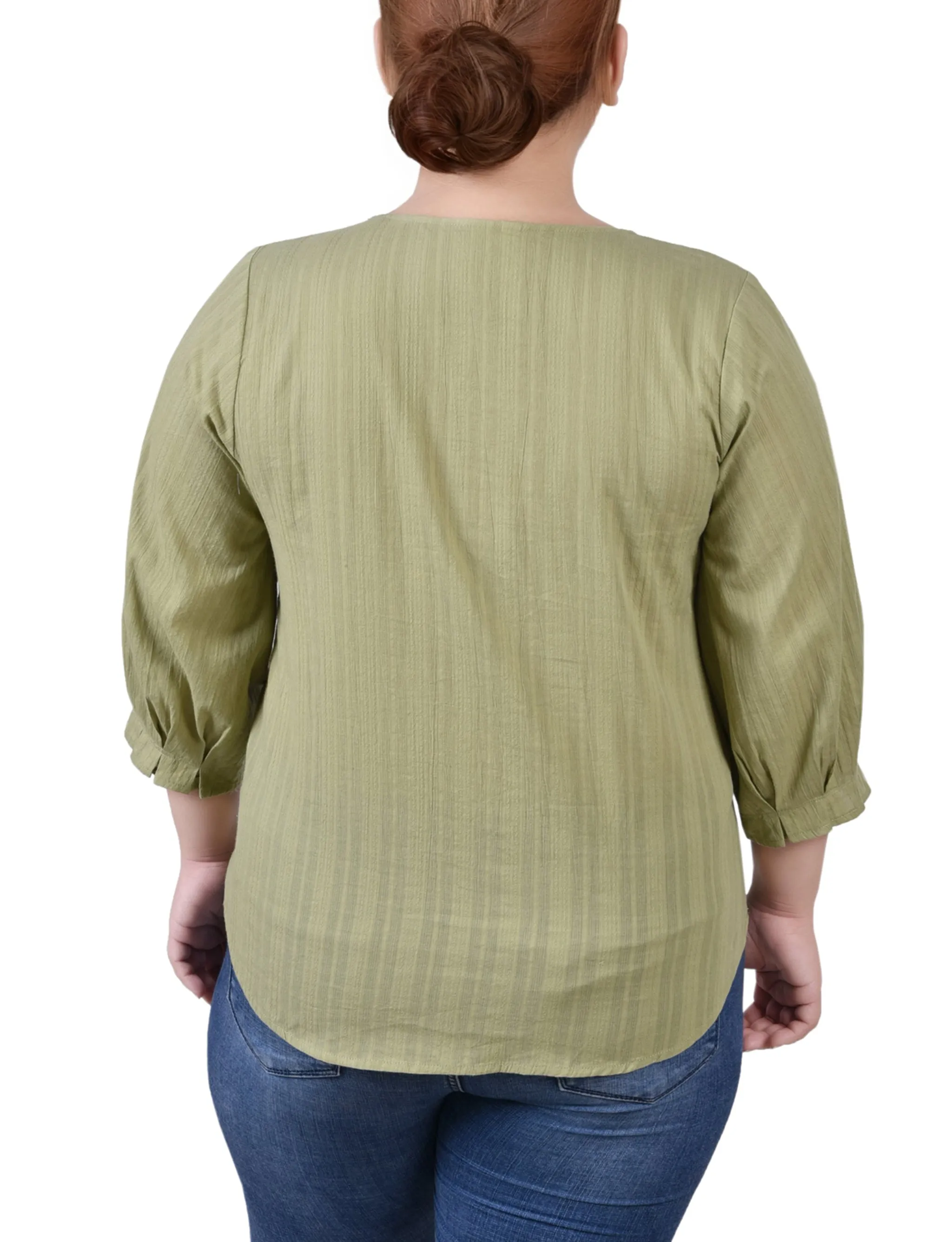 Plus Size 3/4 Sleeve Button Placket Jacquard Blouse