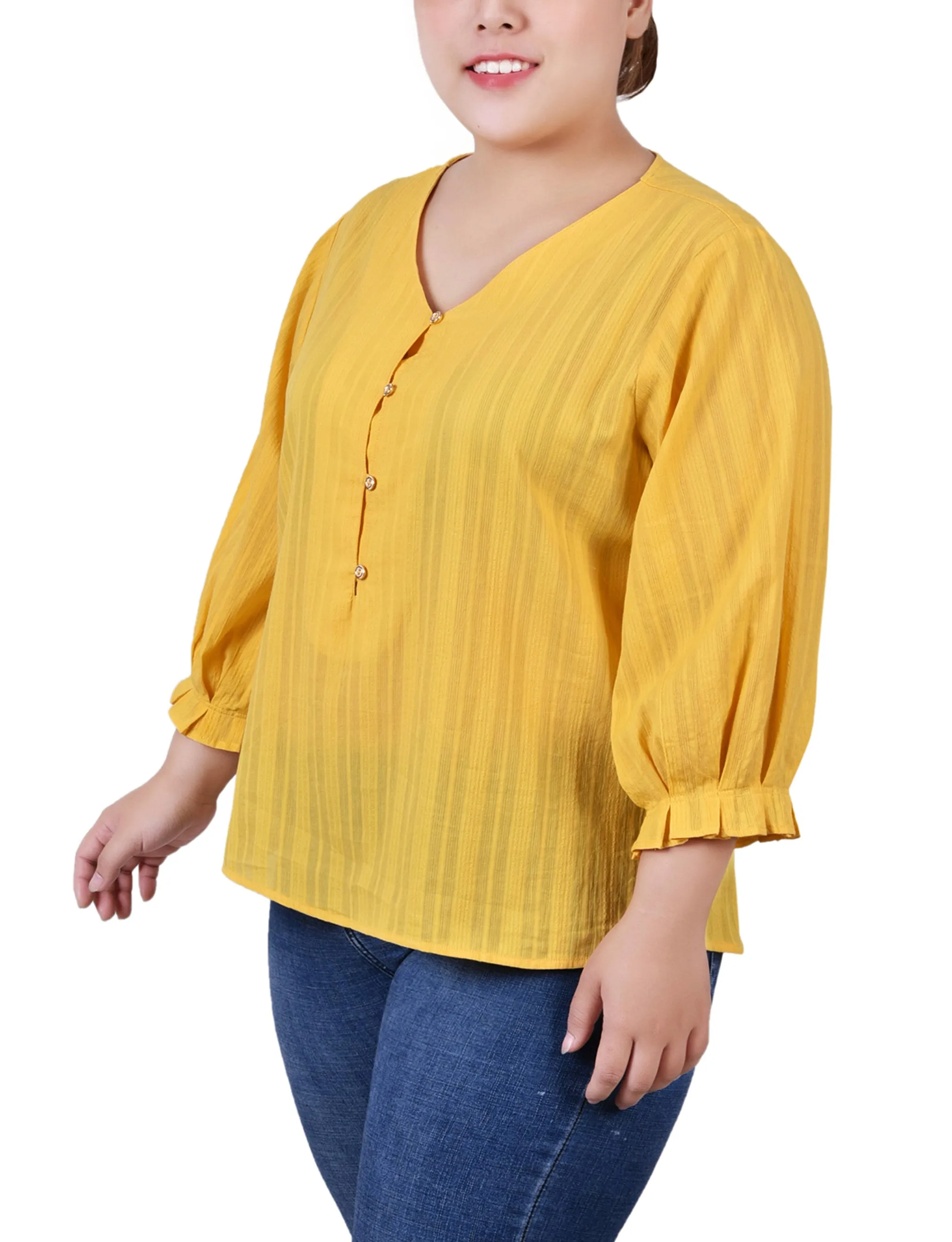 Plus Size 3/4 Sleeve Button Placket Jacquard Blouse