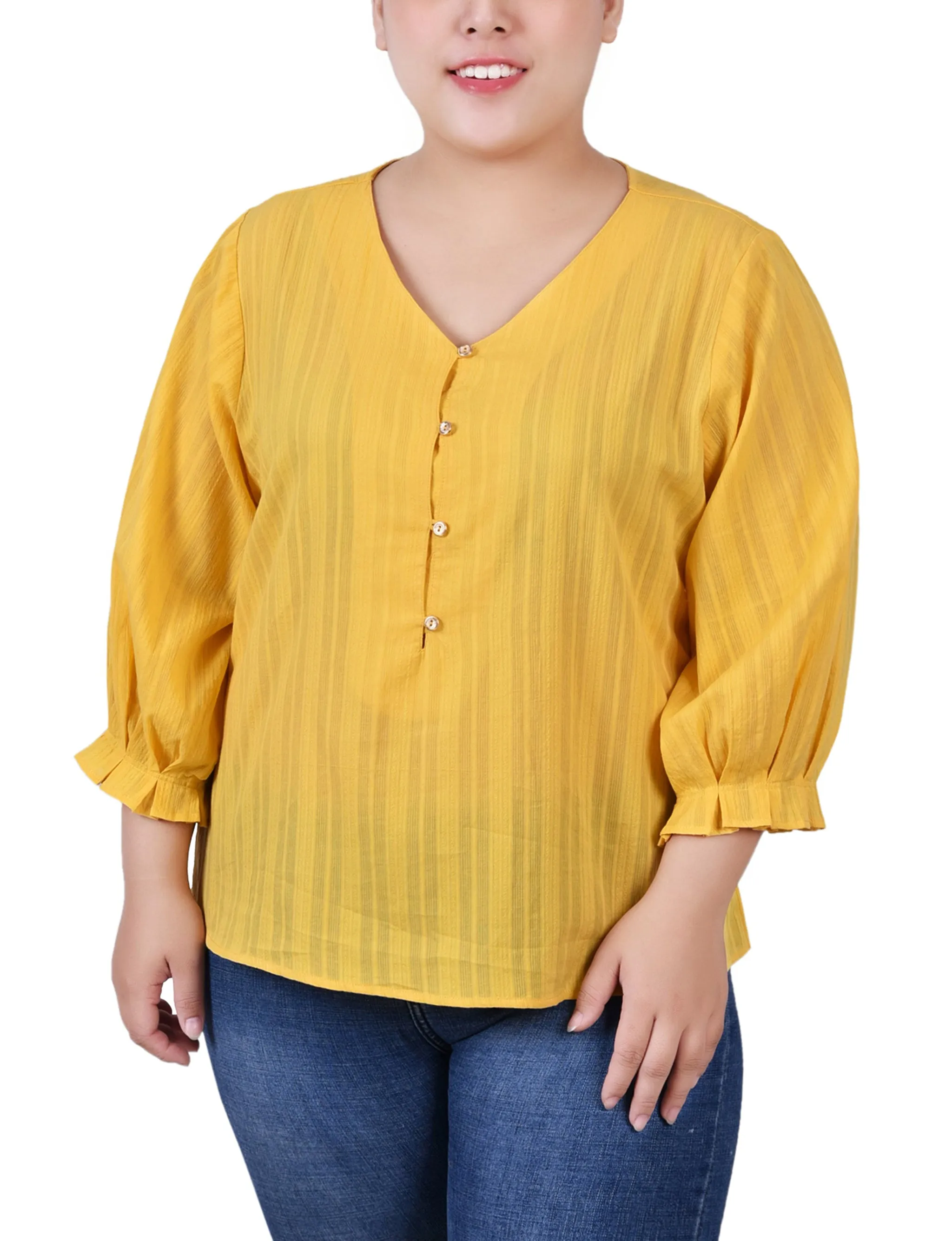 Plus Size 3/4 Sleeve Button Placket Jacquard Blouse