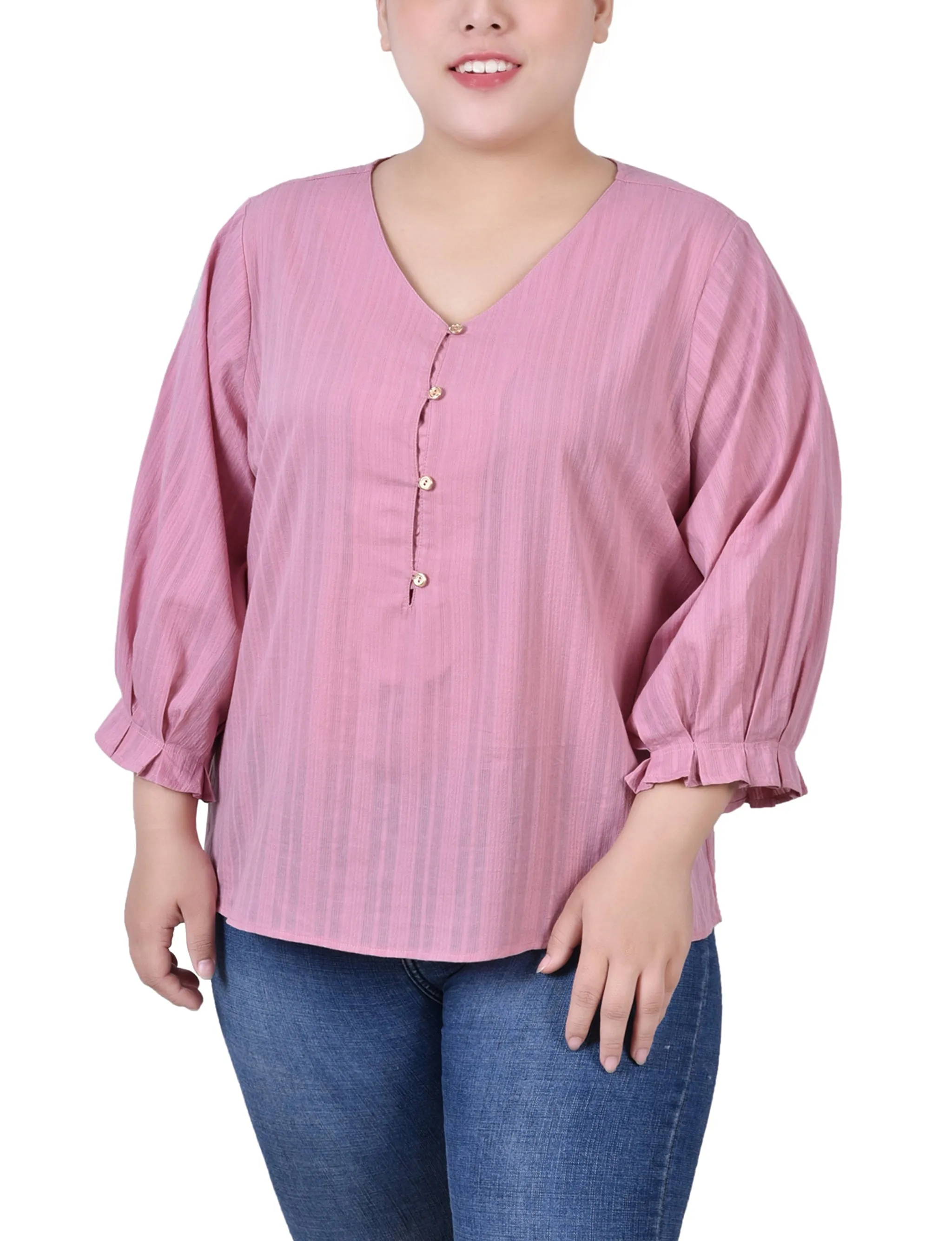 Plus Size 3/4 Sleeve Button Placket Jacquard Blouse