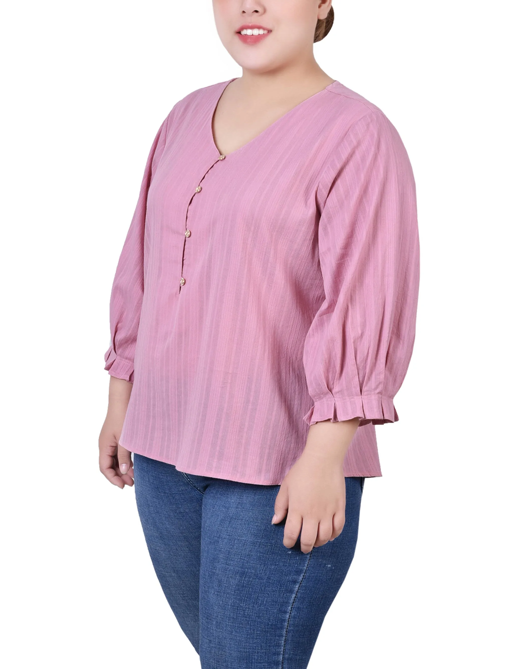 Plus Size 3/4 Sleeve Button Placket Jacquard Blouse