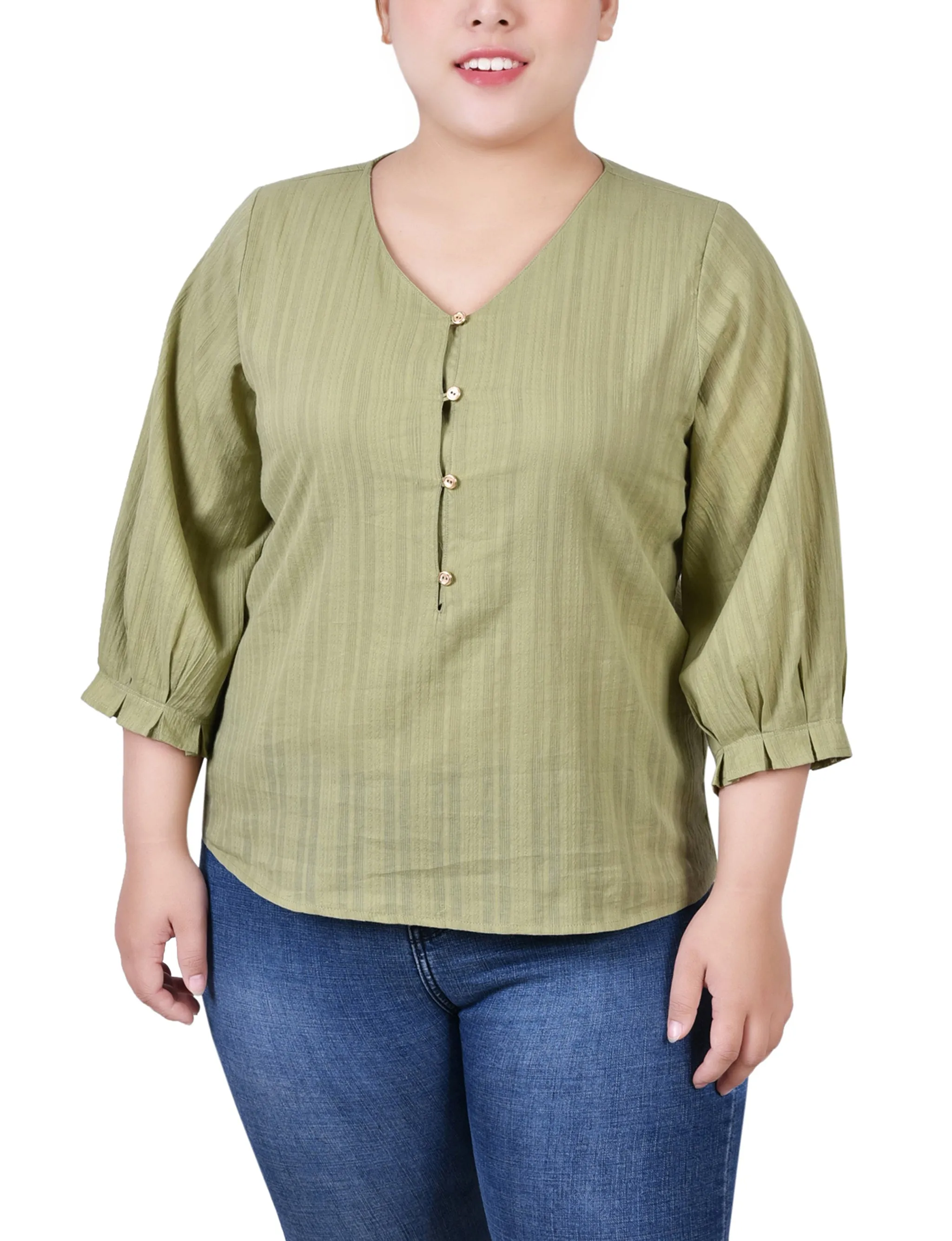 Plus Size 3/4 Sleeve Button Placket Jacquard Blouse