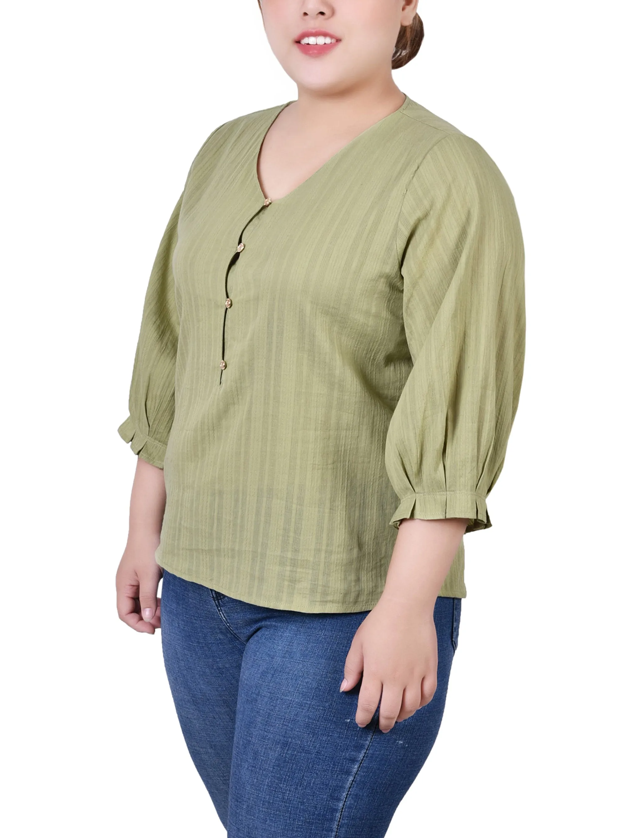 Plus Size 3/4 Sleeve Button Placket Jacquard Blouse