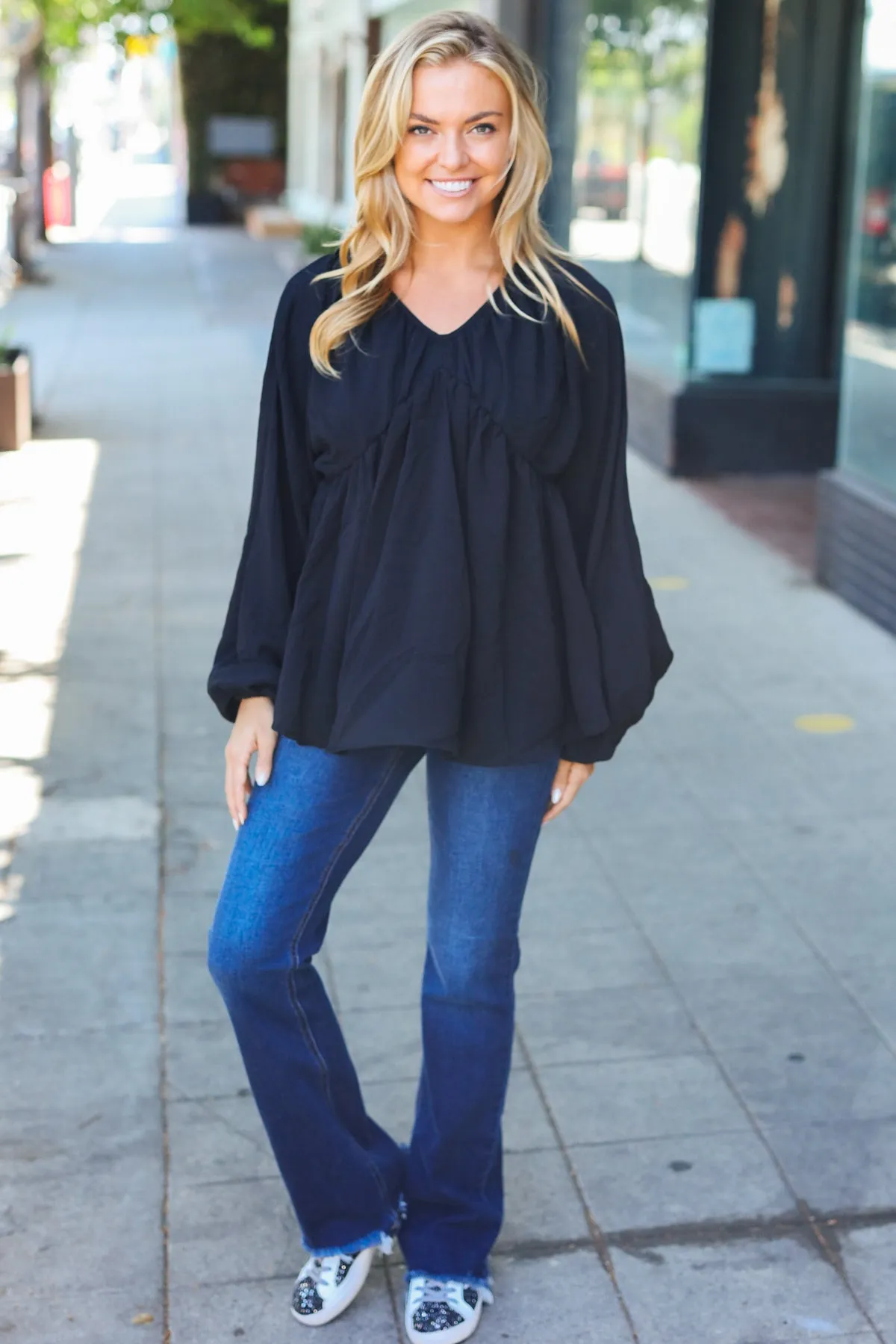 Simple Elegance Black V Neck Babydoll Woven Top