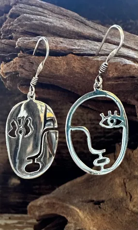 TWO FACED Mexican Sterling Silver Face Earrings