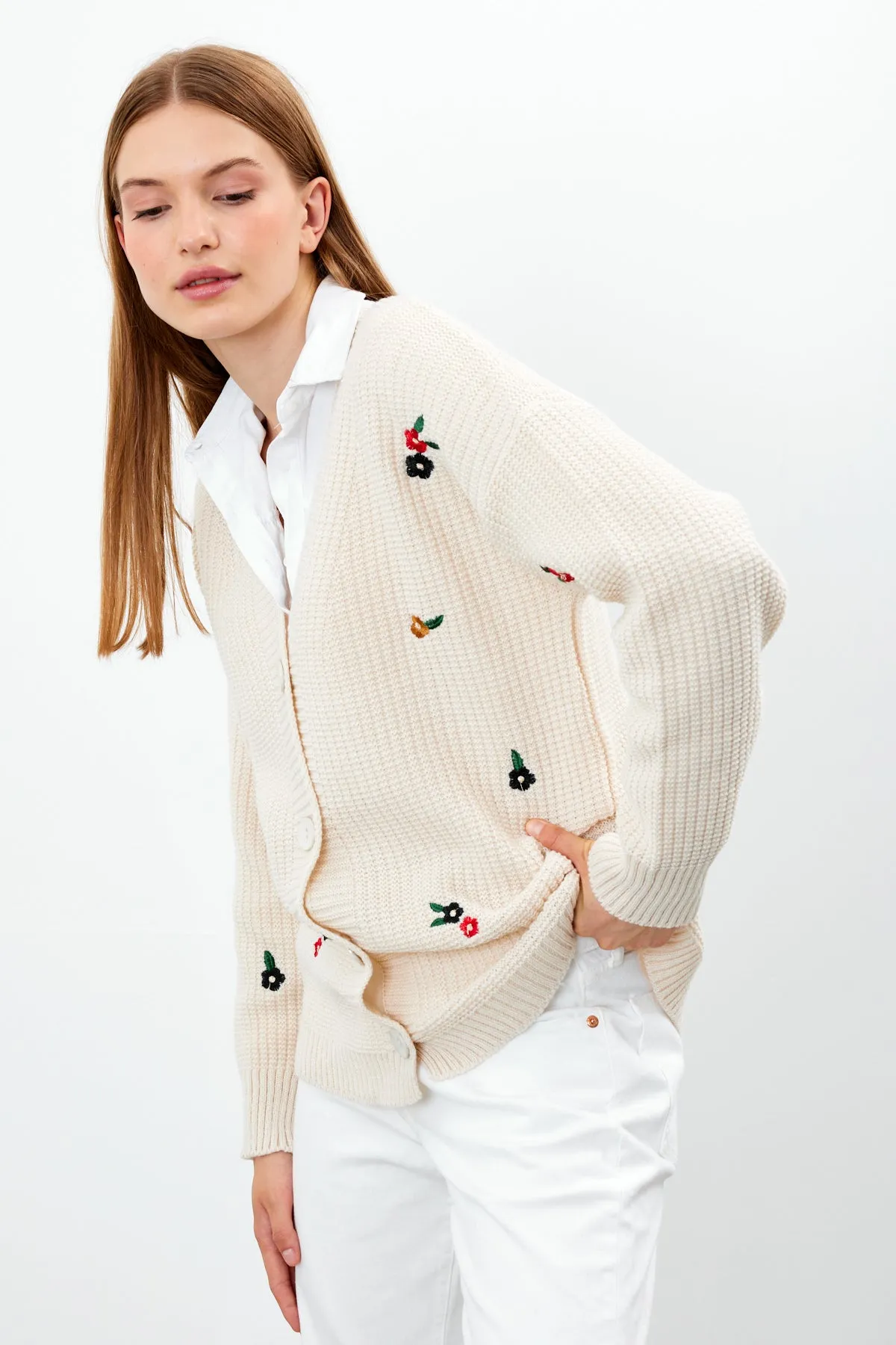 Vav Flowers Knitted Winter Cardigan Stone