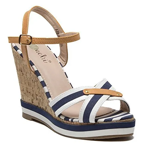 Women's Abbie-1 Nautical Sailor Stripe Platform Wedges Sandals